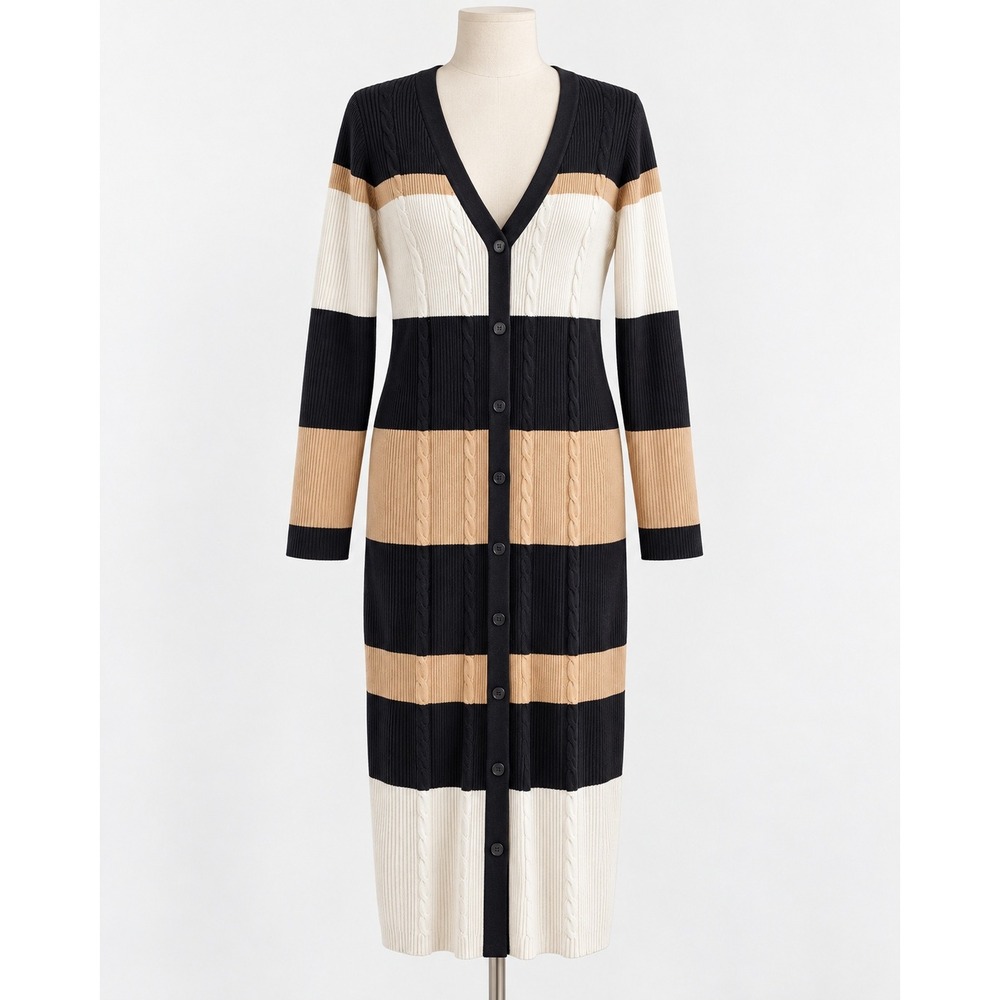 Ashley Stewart Striped Ribbed Button Front Sweater Dress Black Tan 18/20
